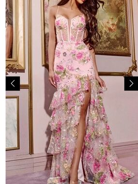 Pink Floral Embellished Evening Gown